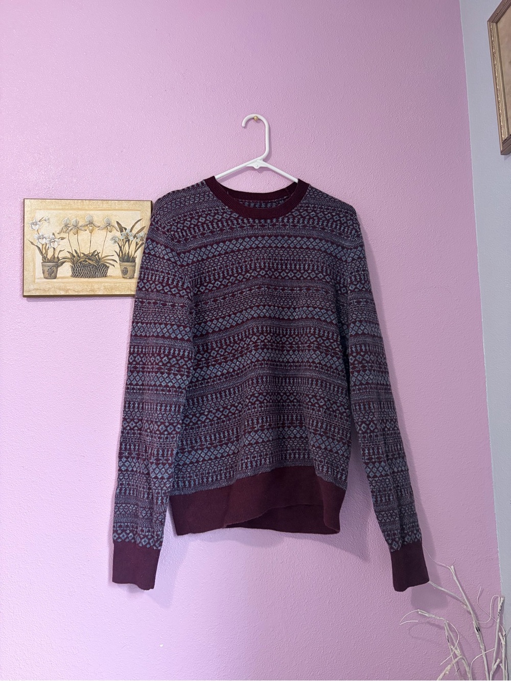Burgundy and Blue Patterned Crewneck Sweater